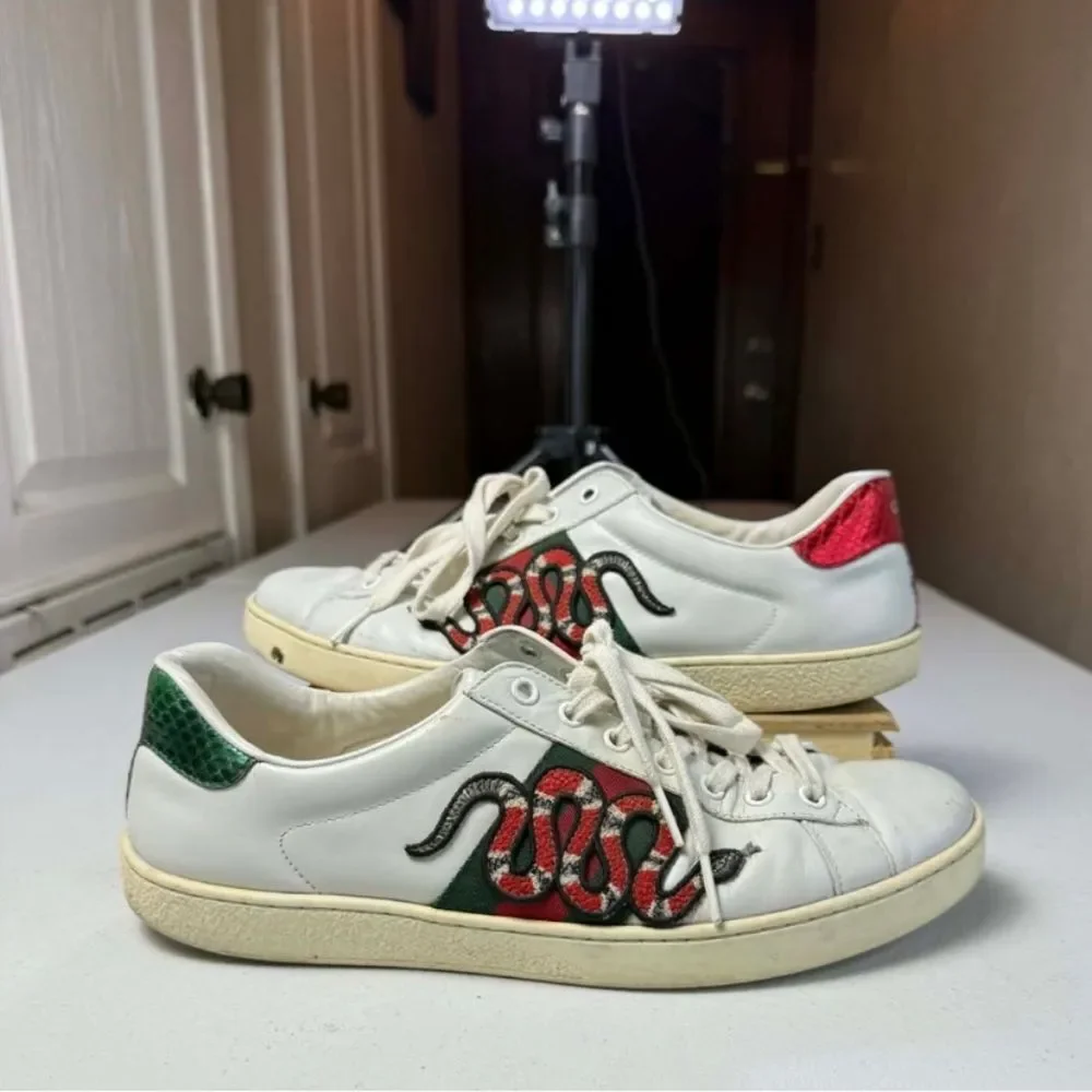 Mens Gucci Ace Embroidered Low Top Sneaker White Leather Snake Size 8 Used
